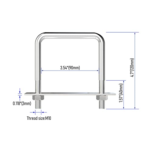 Image of 4 Sets 304 Stainless Steel Square U-Bolts 3.54 inch(90mm)Inner Width, 4.72 inch(120mm)Length Stainless M10 with Nuts, Frame Plate, Accessories for Automobiles Trailer, Boat Trailer Industrial Parts