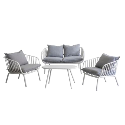 LOLAhome Conjunto de Jardín Vione con Sofá, Mesa Ovalada y 2 Sillones, Desenfundable, de Resina y Fibra de Vidrio con Tratamiento UV para Terraza y Exterior (Gris)