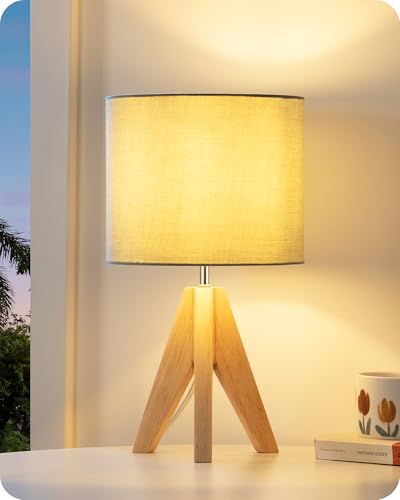 EDISHINE 36cm Bedside Lamp, Wood Tripod Table Lamp with Bean Green Linen Lampshade, ON/Off Switch, Desk Lamp for Living Room Bedroom, E27 Base, 2700K LED Bulb Included - Image 2