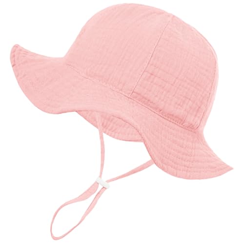 HZHSGLY Baby Sun Hat 6 12 Months Baby Bucket Hat with Adjustable Chin Strap Babies Summer Hats with Large Brim Cotton Floppy for UV Protection Newborn Sunhat (UK Alpha One Size Pink)