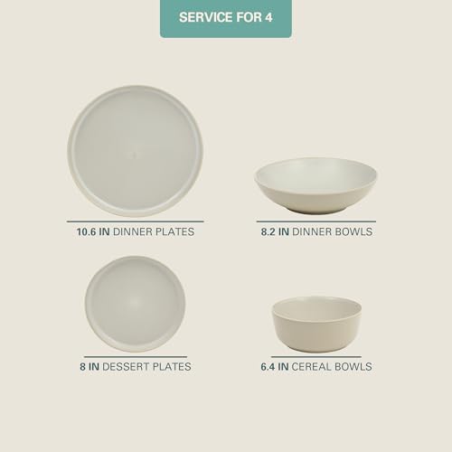 Image of Gibson Elite Tribeca Loft 16-Piece Dinnerware Set - Matte Cream and White Reactive Glaze Stoneware, Double Bowl Round Plates and Bowls - Modern Neutral Tableware for 4, Dishwasher & Microwave Safe