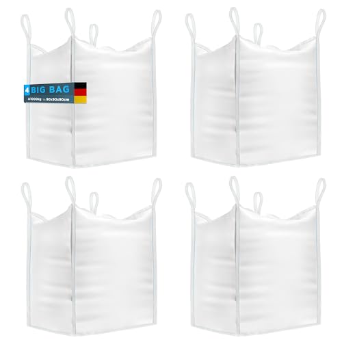 BIBODU Big Bag Säcke (4 EINHEITEN) 1000kg | Big Pack 90x90x90 cm | Big Pack Garten Widerstandsfähig und Wiederverwendbar | Bigpack perfekt für Baustelle, Garten, Sand, Abfall und Holz