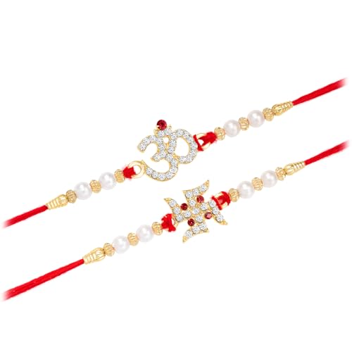 Image of Peora Om Shree Ram Swastik Rakhi for Brother Bhaiya | Crystal & Beads Studded | Red Thread | Raksha Bandhan Hamper with Roli Chawal Greeting Card
