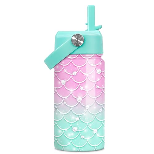 SANDJEST Mermaid Water Bottle - Kids Water Bottle with Straw Lid - 12 Oz Insulated Stainless Steel Water Bottles for Kid Girl - Travel Cup for School Sports