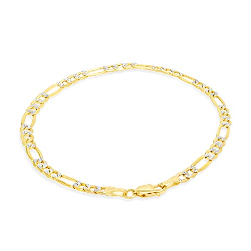 Nuragold 14K Yellow Gold 4.5Mm Figaro Chain Link Diamond Cut Pave Two Tone Bracelet, Mens Womens Lobster Clasp 7" 7.5" 8" 8.5" 9" - Real Gold Jewelry #TOP3
