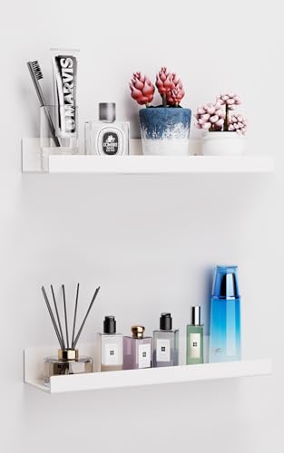 Viymgit 2 Pack White Adhesive Shelves 15x4 No Drill Acrylic Wall Shelves | Dual-Mount (Adhesive or Screws) Waterproof Storage Bathroom Shelf Organizer for Kitchen Living Room Bedroom