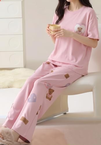 Image of Women's 2-Piece Pajama Set - Short Sleeve Top & Pants Lounge Set, Soft Breathable Sleepwear Night Suit for Women