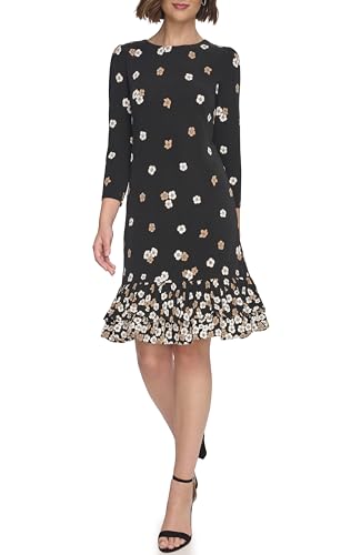 Image of Tommy Hilfiger Women's 3 /4 Sleeve Crew Neck Double Ruffle Hem Jersey Shift Mini Dress