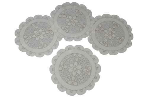 Violet Linen Vintage Swedish Floral Pattern Polyester Embroidered Cutwork, Decorative Place Mats, 16" Round, Ivory