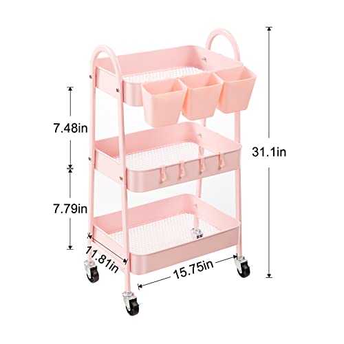 Danpinera 3-Tier Rolling Cart, Metal Rolling Storage Cart With Lockable Wheels & Hanging Cups & Hooks, Mobile Trolley Cart For Kitchen, Bathroom, Office, Workshop, Pink #TOP2