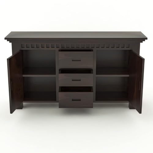 Image of Solid Sheesham Wood Sideboard and Cabinets | Wooden Side Board Media Console Tv Cabinet for Living Room | Free Standing Cabinet with 3 Drawers & 2 Door Cabinet Storage | Walnut Finish