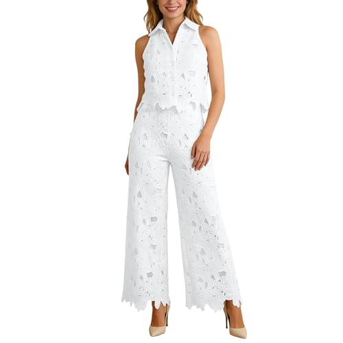 Traje de pantalón de encaje sofisticado con acabados premium y corte fluido
