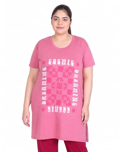 Image of In Love Women Cotton Regular Fit Plus Size Long-Line Chest Print T-Shirt with Pocket