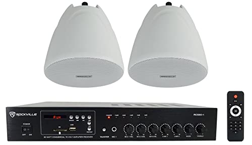 Rockville (1) RCS80-1 60 Watt 70v Commercial/Restaurant Amplifier/Bluetooth Receiver Bundle with (2) PEN-40T White 4