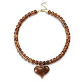 Hclian Brown Acrylic Puff Heart Pendant Necklace for Women Exaggerated Statement Chunky Resin Beaded Strand Necklace Fashion Jewelry Gift