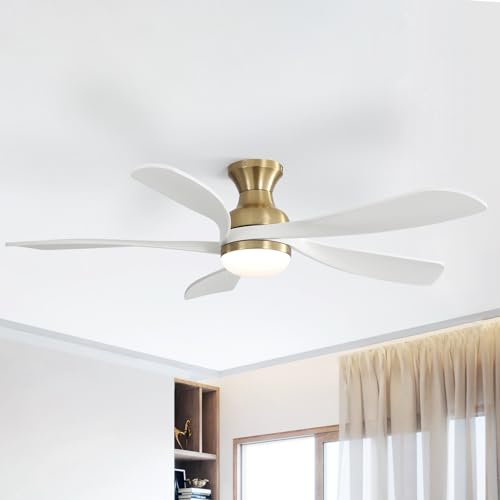 CACI Mall Ceiling Fan with Light, 52 Inch Low Profile Flush Mount Modern Ceiling Fan with Remote, Compatible with Alexa/Google/App, Quiet DC Motor, White Ceiling Fan for Bedroom Living Room Patio
