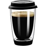 gegewawa Double Walled Glass Coffee Mugs, Glass Coffee Cugs with Silicone Lid 12OZ, Insulated Coffee Mug, Clear Coffee Mug for Travel/Kitchen(Black)
