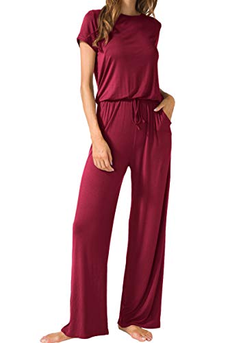 Lainab Womens Casual Short Sleeve O Neck Jumpsuits Rompers With Pockets Wine Xl #TOP1