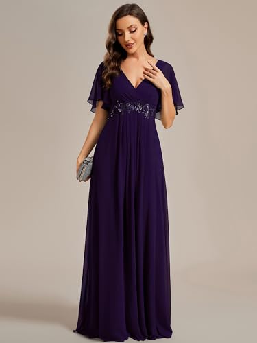 Image of Ever-Pretty Womens V Neck Applique Mother of the Bride Dresses Formal Dress | Chiffon, Short Sleeves, Ruched, A-Line, Bridesmaid Dresses, Formal Gown, Black Tie Dress