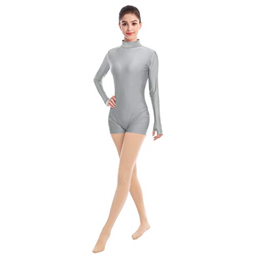 Combinaison de danse femme col roulé manches longues gris vêtement de gym justaucorps taille L