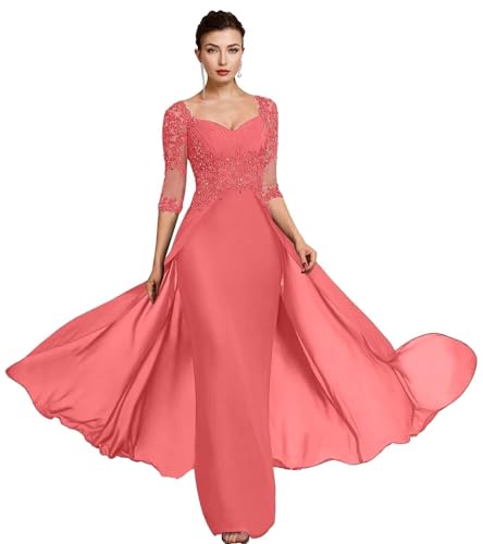 Mermaid Mother of The Bride Dresses 3/4 Sleeves Chiffon Beaded Formal Evening Gowns with Train JH024
