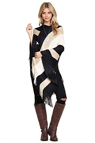 Classic Soft Knit Poncho Shawl Wrap - Winter Warm Fringe Tassel Colorblock Sweater Cape, V-Neck Stripe Pullover (V-Neck Classic Colorblock - Beige)