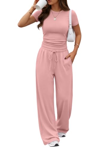 Image of Trendy Queen 2 Piece Matching Summer Lounge Set Womens Side Ruching Top Wide Leg Pants Sets with Pockets