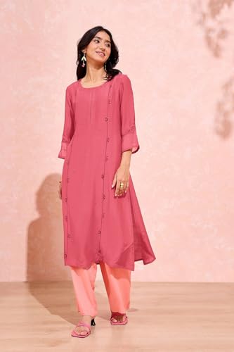 Image of Taneira Women Viscose Embroidered Pink Kurta for Women (KUAM43XPM-Pink-M)