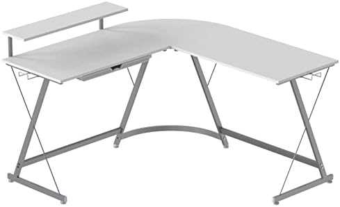 SHW Vista L-Shape Desk with Monitor Stand, White