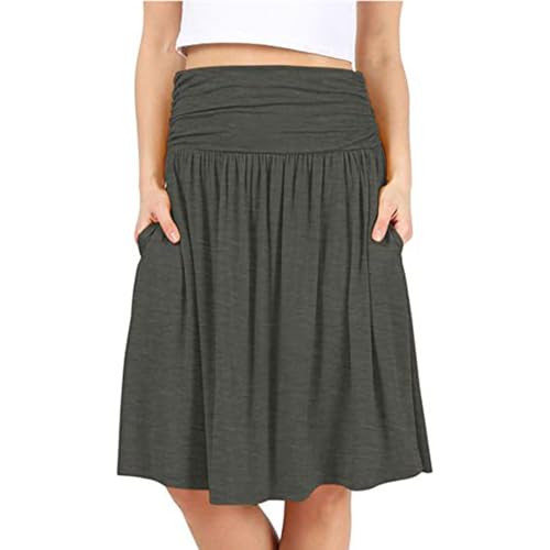 Knee Length Skirts for Women Dressy Casual Stretch Midi Skirts with Pockets Pull On Ruched Elastic Waist Work Skirt