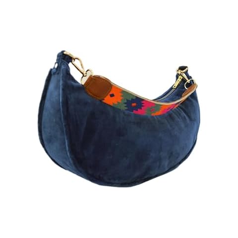 Vliving BLUE VELVET half moon crescent purse, reversible, detachable embroidered leather handles, 13(w) X6.5(ht) inches Cover
