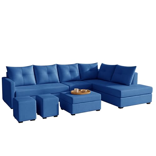 Image of Wood 8 Seater Sofa Set with Ottoman & Stools | Velvet Fabric Upholstery | Modern L Shape Wooden Frame Couch for Living Room, Home & Office (Blue)
