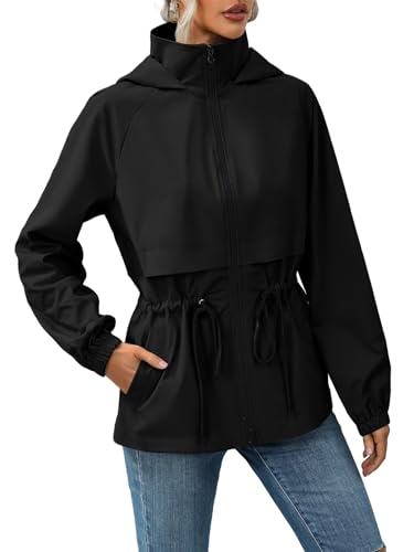 SotRong Packaway Waterproof Rain Jacket With Hood Womens Summer Spring Autumn Light Anorak Jacket Outdoor Windbreaker Trench Coat Black XL