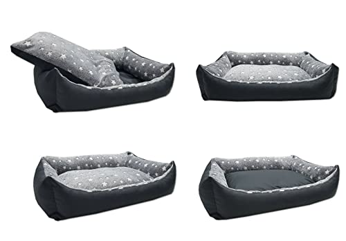 Odolplusz Hundebett mit Wendekissen 100x70cm | Hundekissen Waschbar | Füllung aus hautsympathischen 100% Polyurethanschwamm (Grau - Sterne)