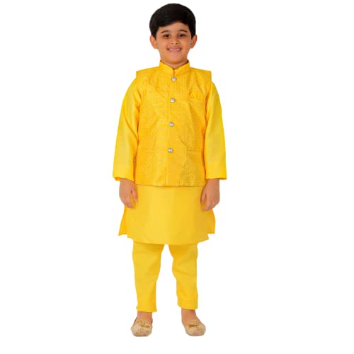 Image of Pro-Ethic Style Developer Kurta Pajama For Kids Boys With Waistcoat | Silk | Floral | Traditional Dress (S-200)