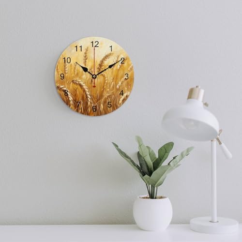 Horloge murale en PVC à image de champ de blé doré, design épuré 25,4 cm