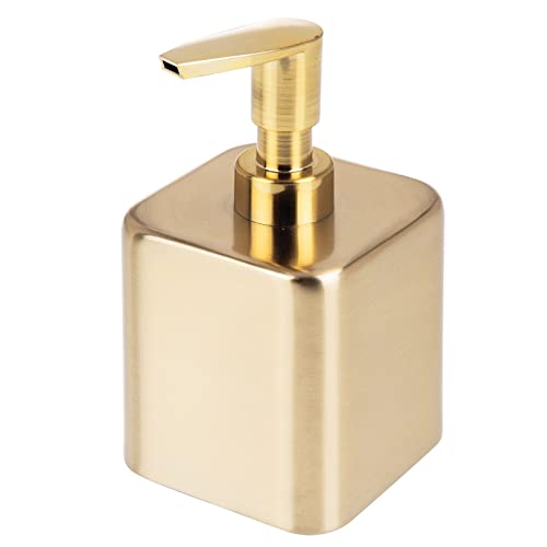 mDesign Compact Square Metal Soap Dispenser for Bathroom/Kitchen - Liquid Soap Pump Bottle for Countertop - Holds Hand Soap, Dish Soap, Lotion, Essential Oil - Unity Collection - Soft Brass