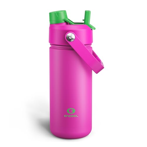 Image of ENCOOL Insulated Water Bottle with Straw Stainless Steel Water Bottle, Leak-Proof, BPA-Free, Double Wall Vacuum Keeps Cold for 24 Hours for Sports, Travel, School (18 oz, Knockout Pink)