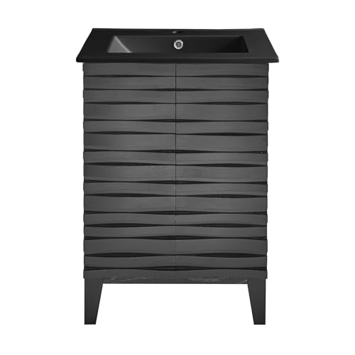 Image of Swiss Madison Cascade 24 in. Black Oak Bathroom Vanity with Black Ceramic Sink Top