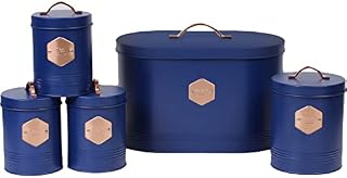 Neo Matte Matt & Copper Metal Badge 5 Kitchen Countertop Canisters Jars Tins Set Tea Coffee Sugar Biscuit Bread Bin Box Food Storage Organiser (Navy)