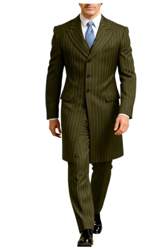 Mens Pin Stripe 3 Pieces Performance Party Long Blazer Vest Pants Suit Set