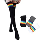 Jerany Rainbow Over Knee Socks Long High Thigh Socks Long Leg Stocking Cheerleader Socks for Women and Girls (A pair) (Black)