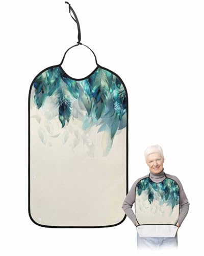 Peacock Feathers Adult Bib for Adults Men, Women, Teal Turquoise Blue Ombre Animal Washable & Adjustable Terry Cloth Bib with Crumb Catcher Reusable Waterproof Clothing Clothes Protector Apron