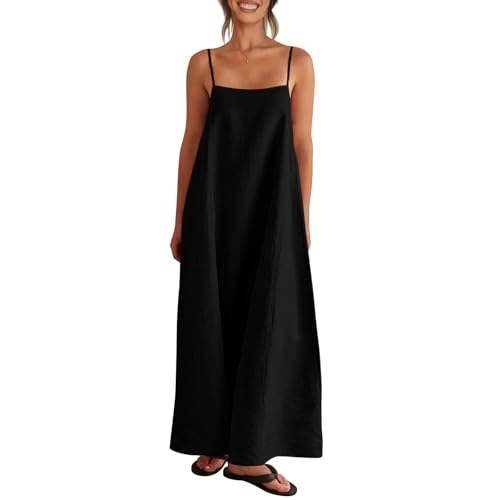 Image of Senllen Women's Linen Dress Summer Loose Flowy Sundress Contrast Spaghetti Strap Sleeveless Backless Beach Maxi Long Dresses