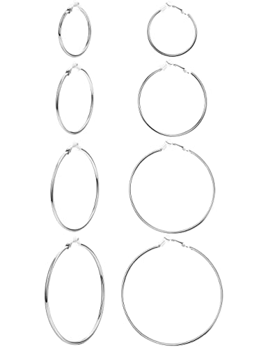 JeweBella 4 Paires Boucles d'Oreilles Créoles Femme Argent en Acier Inoxydable Grand Cerceau Tendance Bijoux Femme Argent Anneau Boucle d'Oreille pour Femme...