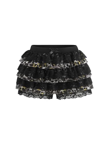 Women Y2K Lace Multi-Layered Bloomers, Lolita Ruffle Shorts, Sexy Short Pumpkin Pants, Elastic Waist Sweet Pettipants (US, Alpha, Large, Regular, Regular, Leopard)