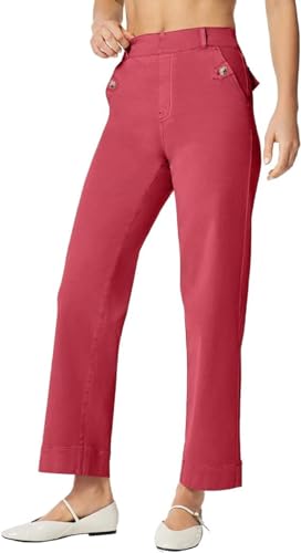 Tummy Control Twill Cropped Wide Leg Pant, Plus Size Wide Leg Denim Pants,Petite Crop Trousers Stretch (Rose Red, XL)4