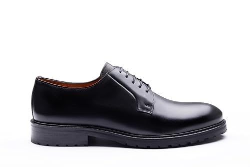 Image of Men's Black Plain Toe Derby Shoes - Classic Lace-Up Dress Shoes with Non-Slip Rubber Lug Sole - Professional Business & Office Footwear