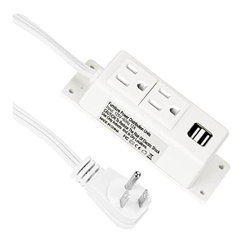 Power Strip with USB, BTU Wall Mount Power Outlet with 2 AC Outlets, 2 USB Ports, 6.56ft Extension Cord, Mountable Under Desk, Workbench, Nightstand, Dresser, Table, White Cover