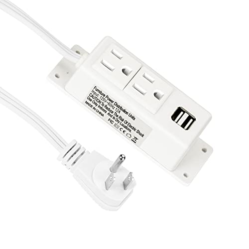 Power Strip with USB, BTU Wall Mount Power Outlet with 2 AC Outlets, 2 USB Ports, 6.56ft Extension Cord, Mountable Under Desk, Workbench, Nightstand, Dresser, Table, White